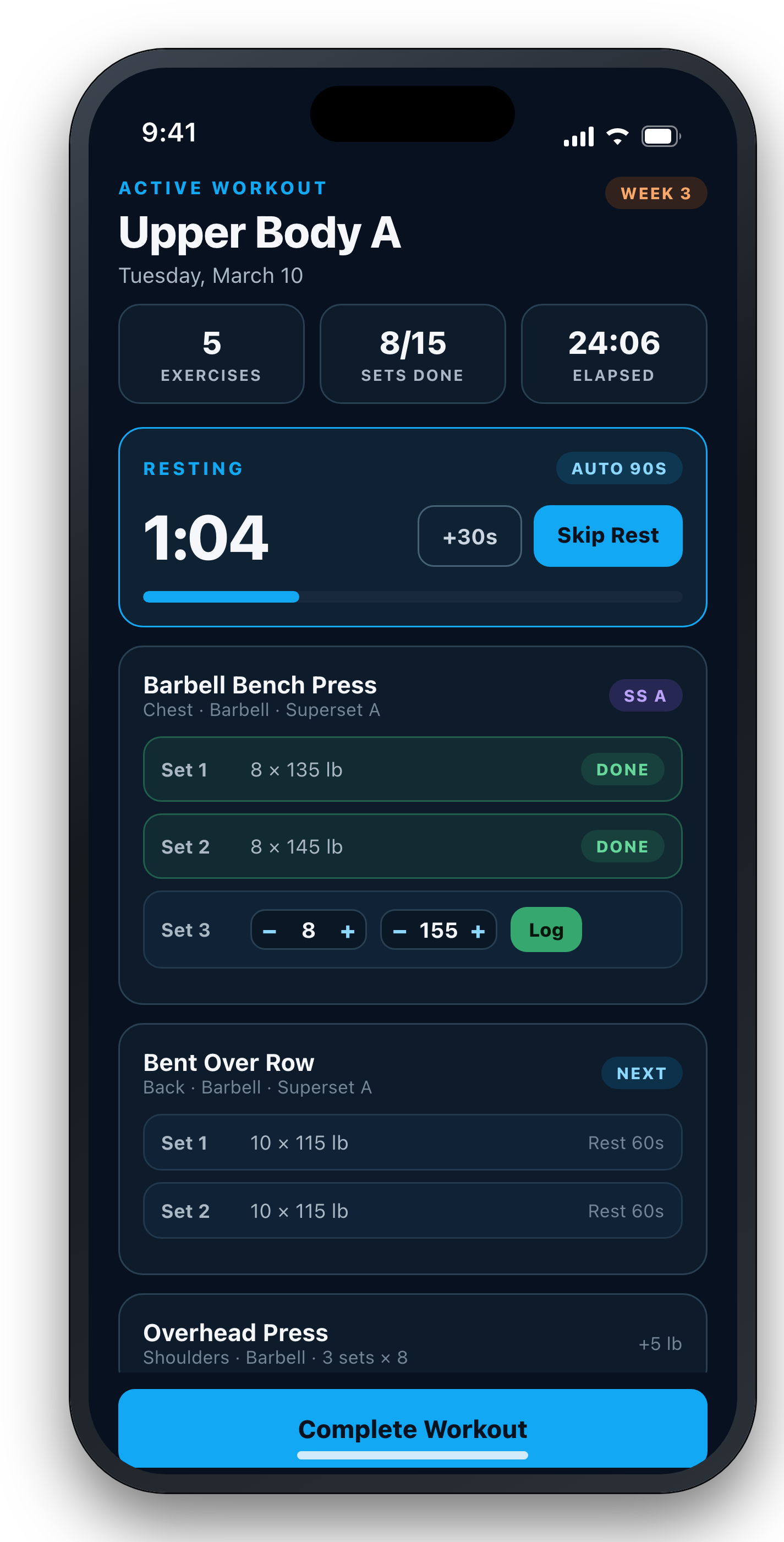 DialedIn Lifts active workout on iPhone showing logged sets, reps and weight steppers, and a running rest timer