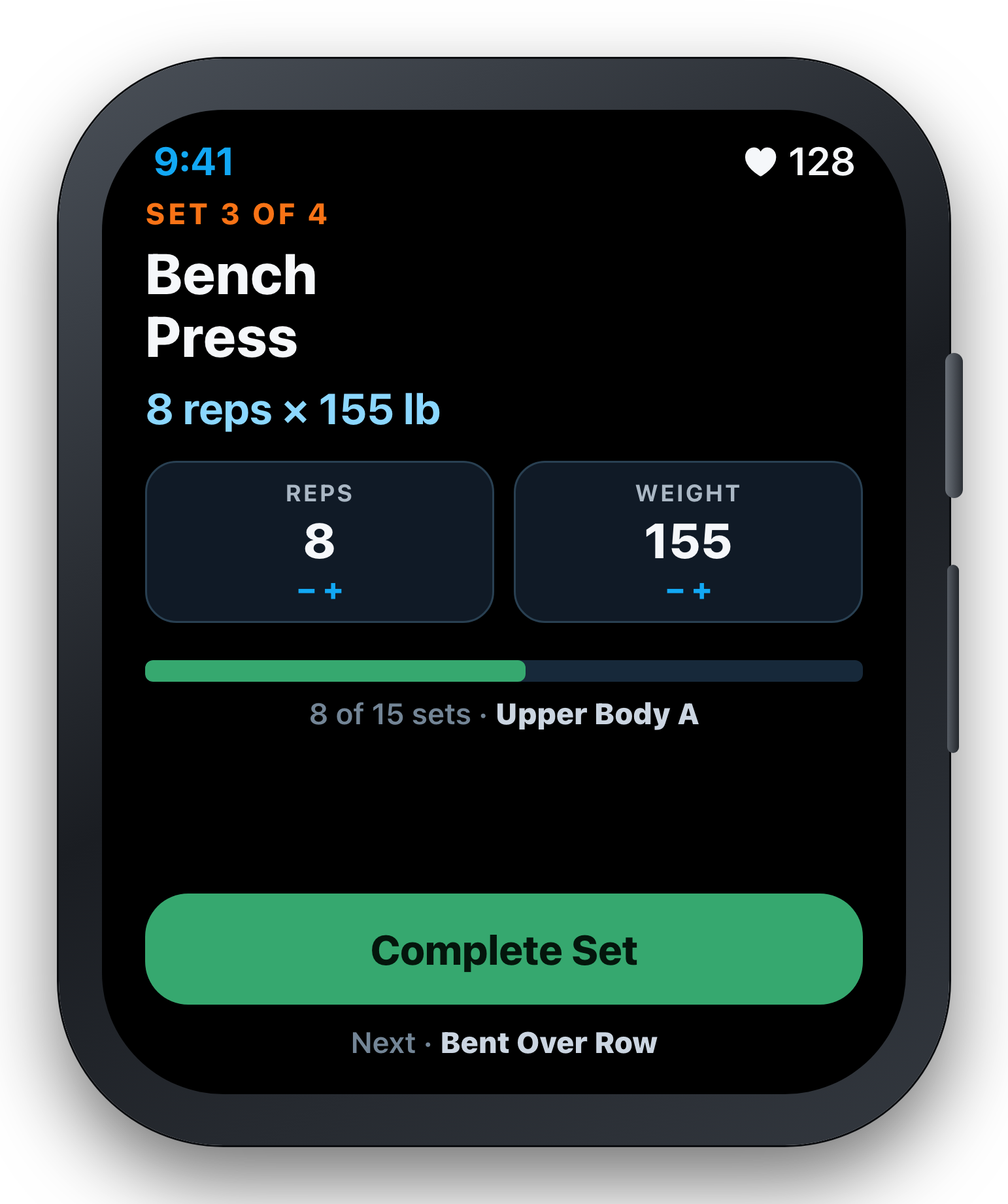 DialedIn Lifts on Apple Watch showing the current exercise with reps and weight adjustment and a Complete Set button