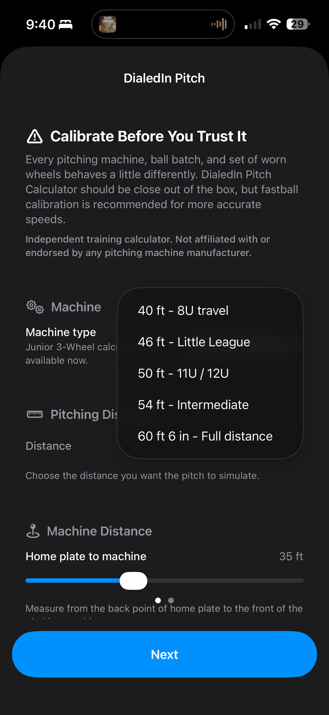 DialedIn Pitch pitching distance menu