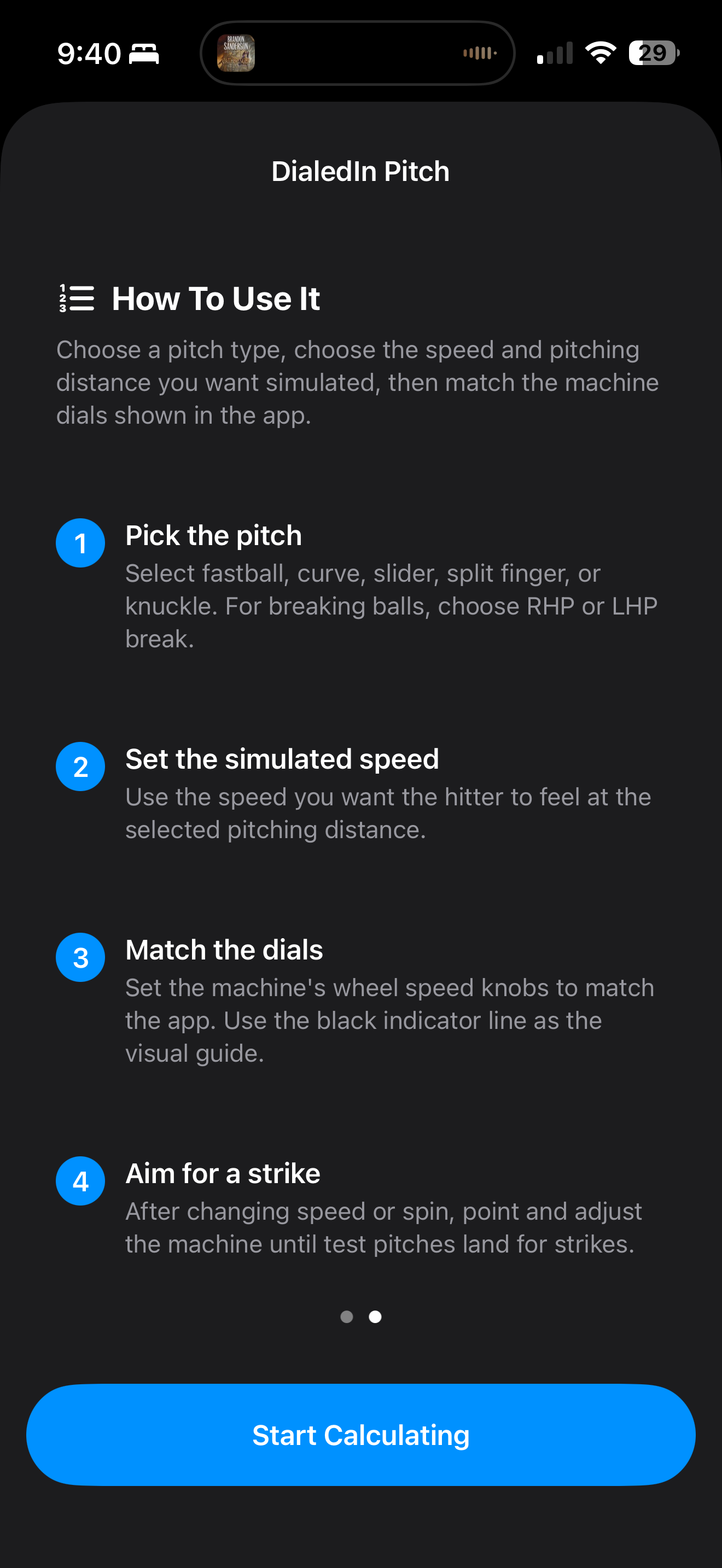 DialedIn Pitch how to use screen