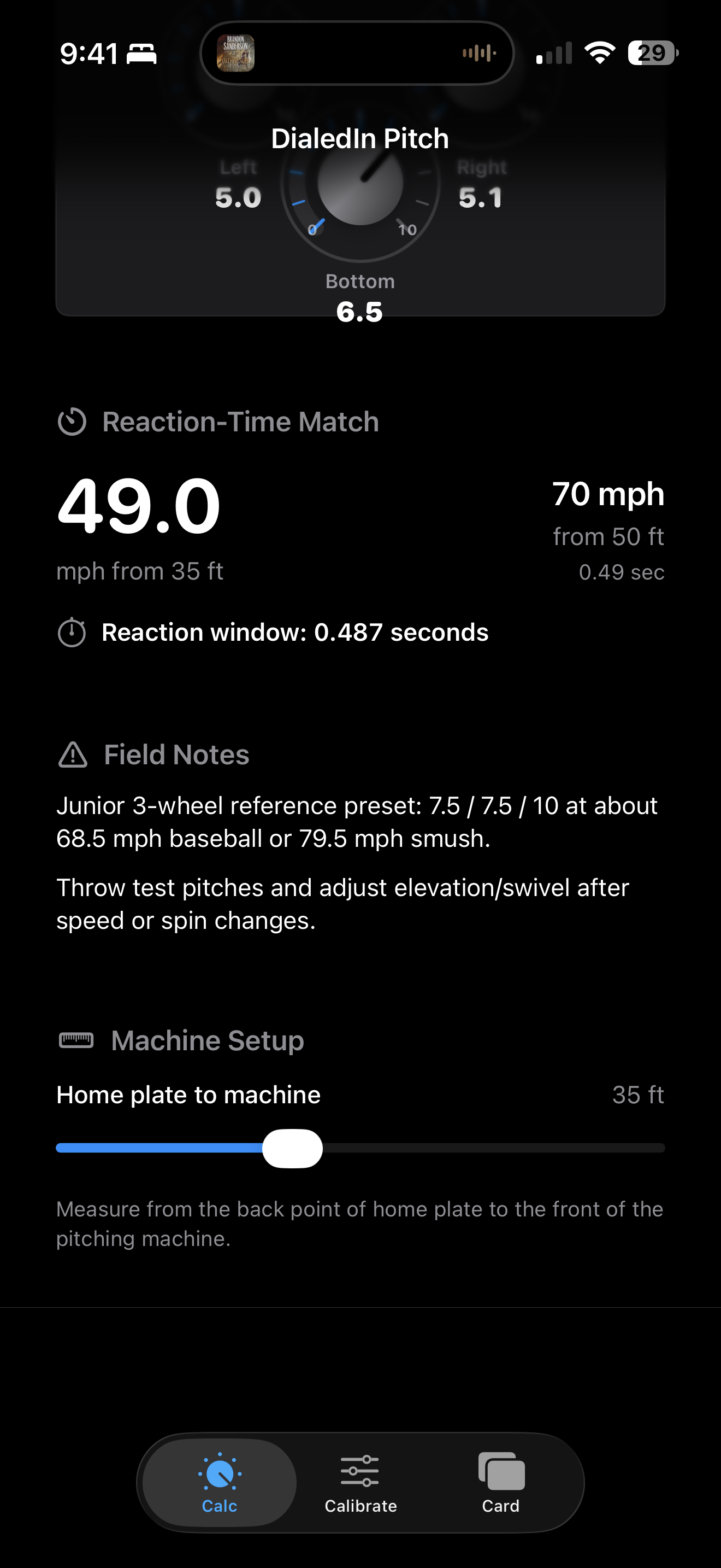 DialedIn Pitch reaction-time match screen