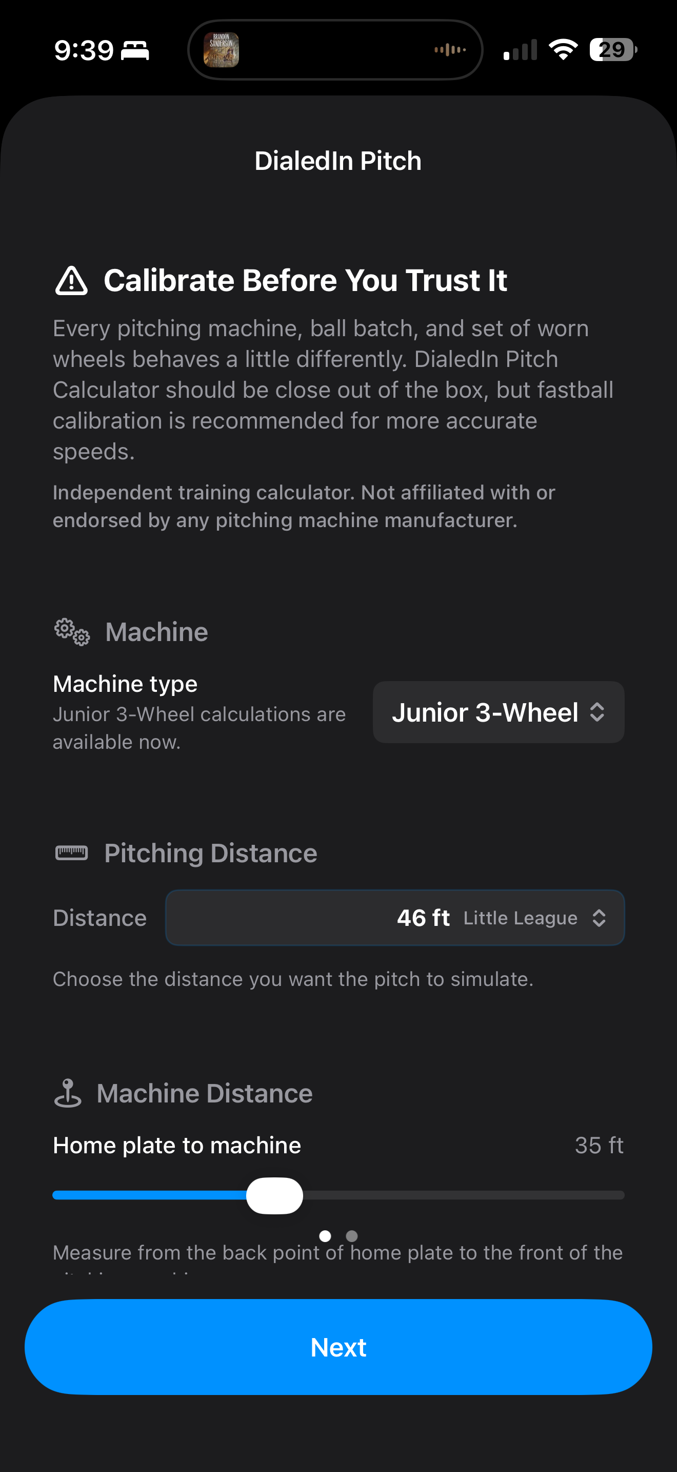 DialedIn Pitch setup screen