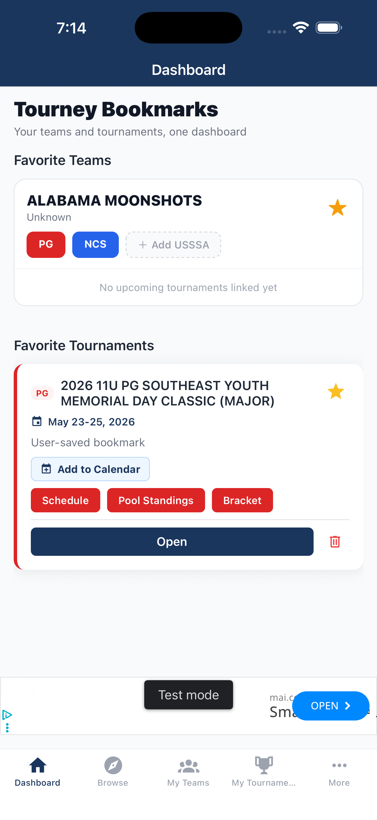 Tourney Bookmarks dashboard