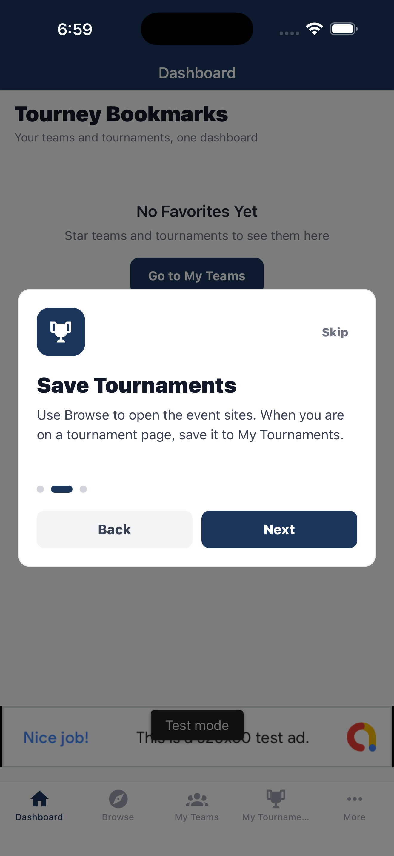 Tourney Bookmarks save tournaments onboarding